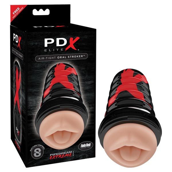 Pdx elite - air-tight oral stroker - male masturbator - Product front view and box side view | Flirtybay.com.au