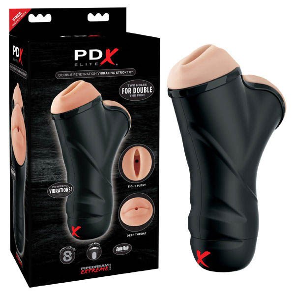 Pdx elite - double penetration vibrating stroker - male masturbator - Product front view and box side view | Flirtybay.com.au