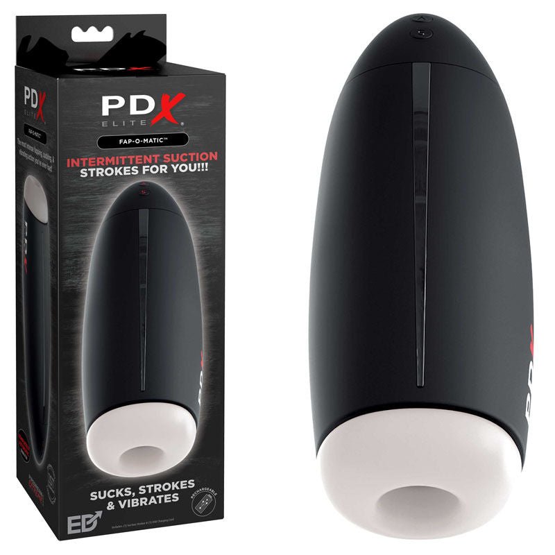 Pdx elite - fap-o-matic - sucking & vibrating male masturbator - Product front view and box front view | Flirtybay.com.au