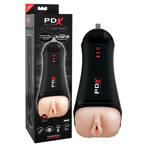 Pdx elite - talk-back super stroker - vibrating reaslistic vagina - Product front view and box front view | Flirtybay.com.au