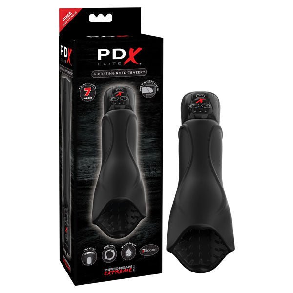 Pdx elite vibrating roto-teazer - male masturbator - Product front view and box front view | Flirtybay.com.au
