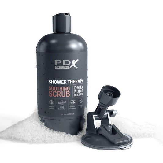 Pdx plus - shower therapy - soothing scrub - tan - realistic vagina - Product side view, with suction cup  | Flirtybay