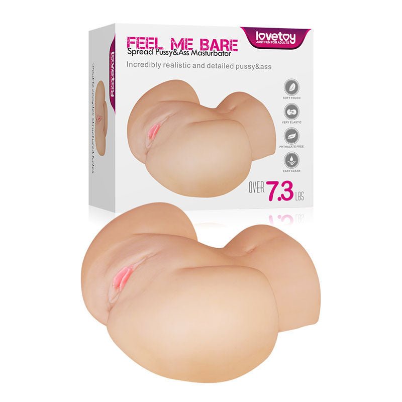 Front view of the Feel Me Bare Perfect - Realistic Pussy & Ass - Male Masturbator displayed upright alongside its retail packaging on a clean white background, showing the product’s lifelike design and contours. | Flirty Bay adult store Perth