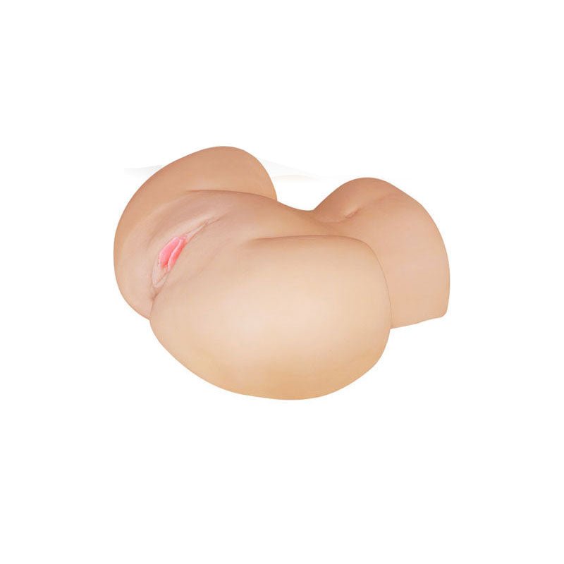 Side view of the Feel Me Bare Perfect - Realistic Pussy & Ass - Male Masturbator showcasing the realistic curves and shape in a natural flesh tone on a white background. | Flirty Bay adult store Perth