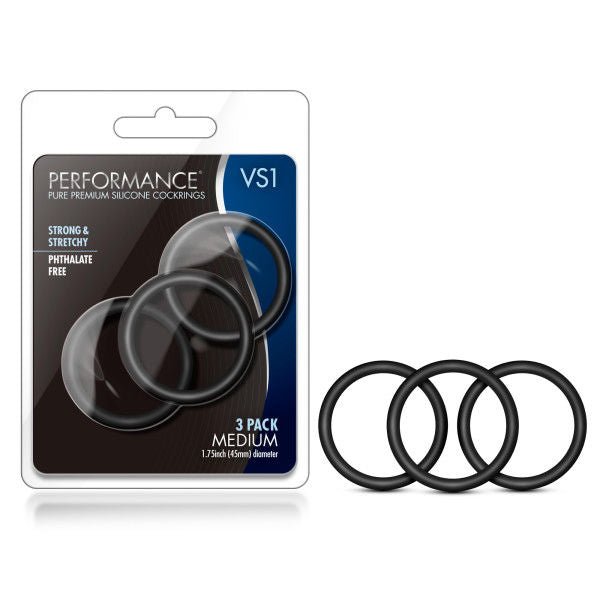 Performance vs1 - pure premium silicone cock rings -  black, Product front view and box front view | Flirtybay.com.au
