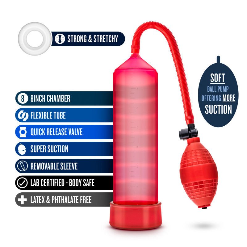 Performance vx101 - male penis pump - red, Product front view, with specifications  | Flirtybay.com.au