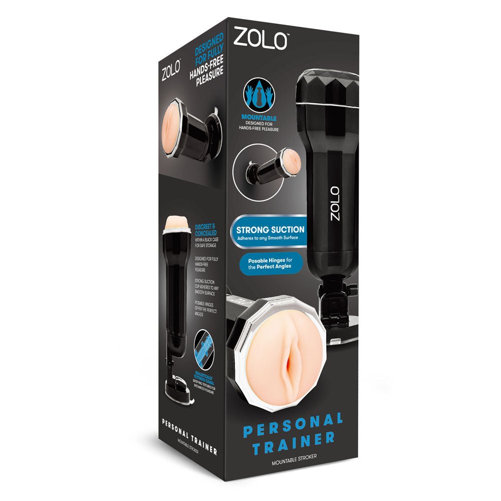 Side view of the packaging for the Zolo Personal Trainer realistic vagina male masturbator, on a clean white background | Flirty Bay adult store Perth