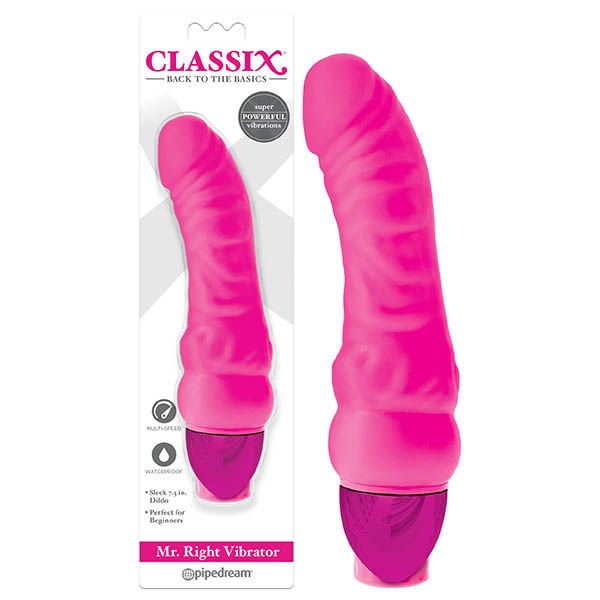 Pipedream-classix-Mr-right-vibrator-pink-front-product-view-and-box-view-flirtybay.com.au
