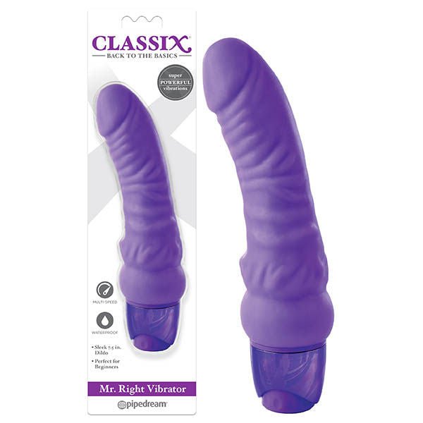 Pipedream-classix-Mr-right-vibrator-purple-front-product-view-andbox-view-flirtybay.com.au