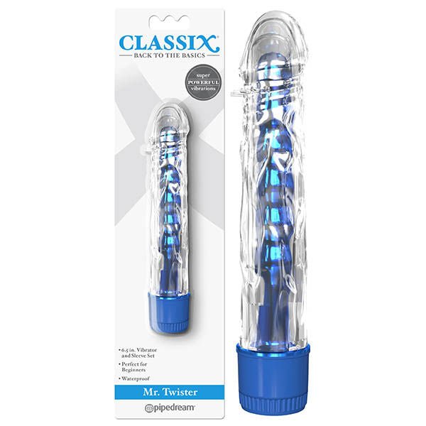 Pipedream classix Mr Twister Vibrator Blue front product view and box view | Flirtybay.com.au