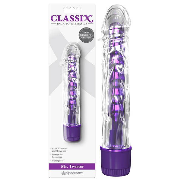 Pipedream classix Mr Twister Vibrator purple front product view  and box view| Flirtybay.com.au