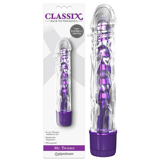 Pipedream classix Mr Twister Vibrator purple front product view  and box view| Flirtybay.com.au