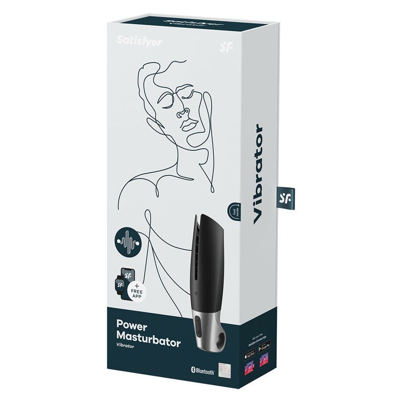 Retail packaging of the Satisfyer Power App Controlled Male Masturbator displayed on a clean white background, showing the box design and branding clearly. | Flirty Bay adult store Perth
