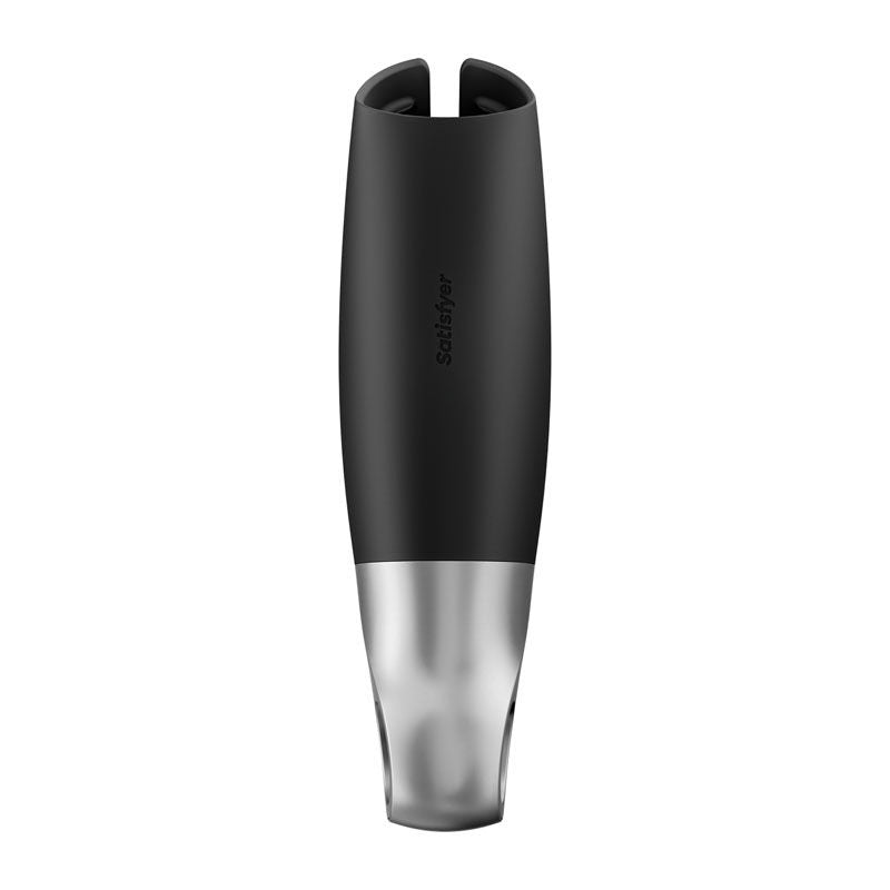 Back view of the Satisfyer Power App Controlled Male Masturbator focusing on the magnetic charging point, presented on a clean white background. | Flirty Bay adult store Perth