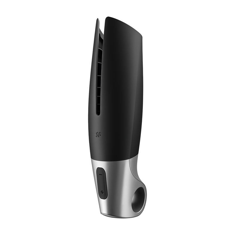 Side view of the Satisfyer Power App Controlled Male Masturbator focusing on the control buttons along the handle, displayed on a clean white background. | Flirty Bay adult store Perth