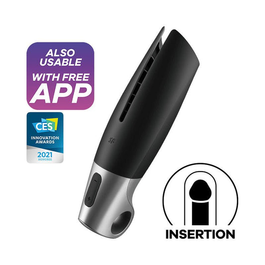 Side view of the Satisfyer Power App Controlled Male Masturbator highlighting the app control icon and features on a clean white background. | Flirty Bay adult store Perth