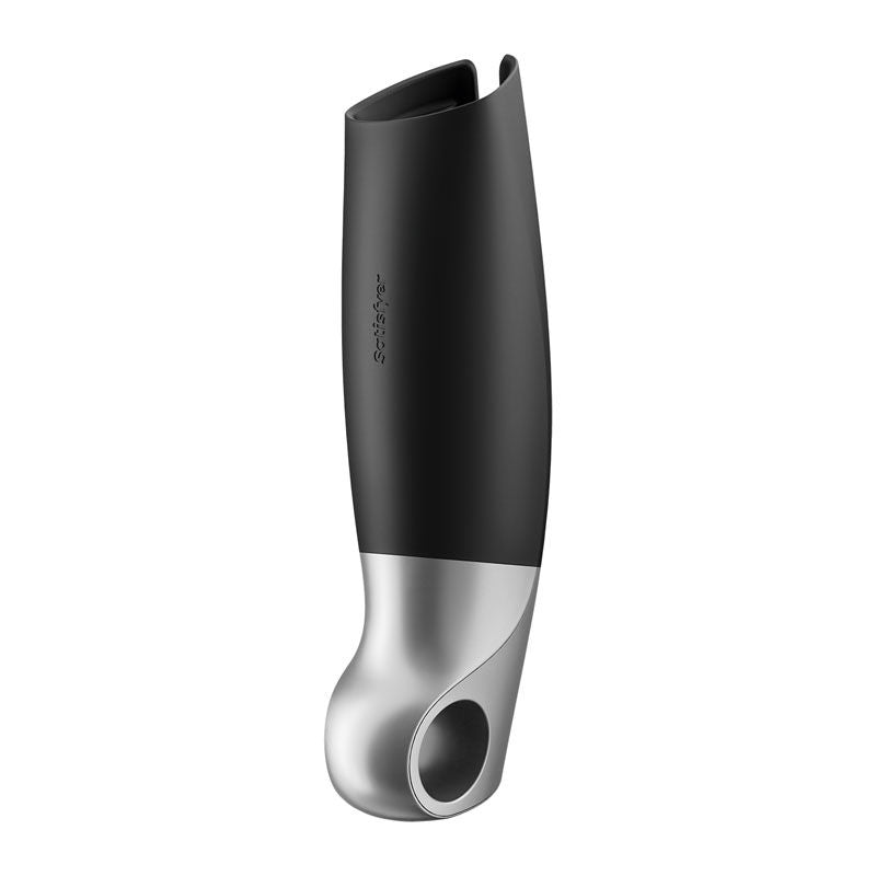 Side profile of the Satisfyer Power App Controlled Male Masturbator, highlighting its sleek silhouette on a clean white background. | Flirty Bay adult store Perth