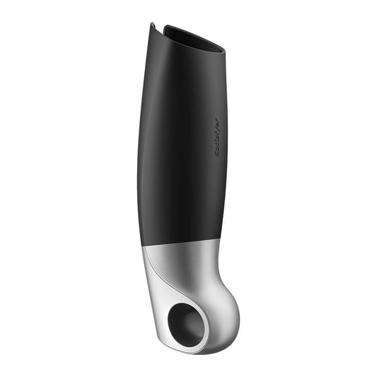 Quarter angle view of the Satisfyer Power App Controlled Male Masturbator displaying the overall design and texture on a clean white background. | Flirty Bay adult store Perth