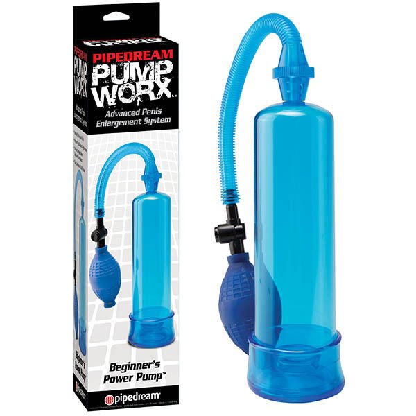 Pump worx - beginner's power penis pump - blue,  Product front view and box front view | Flirtybay.com.au