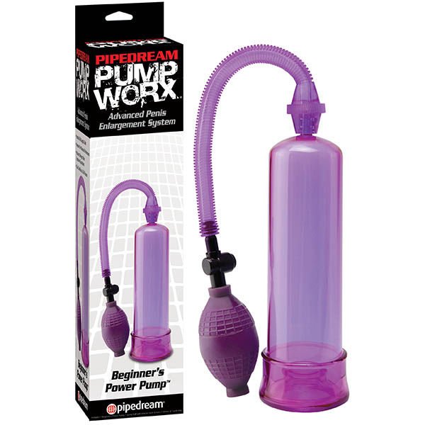 Pump worx - beginner's power penis pump - purple, Product front view and box front view | Flirtybay.com.au
