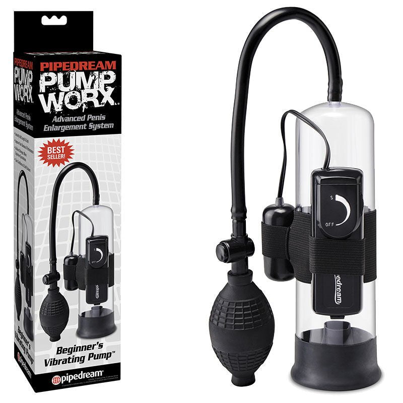 Pump worx - beginner's vibrating penis pump - Product front view and box front view | Flirtybay.com.au
