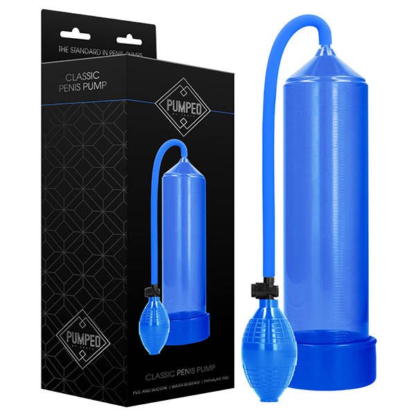 Pumped - classic penis pump - blue, Product front view and box front view | Flirtybay.com.au