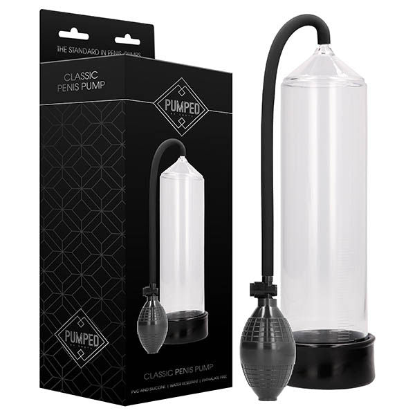 Pumped - classic penis pump - clear, Product front view and box front view | Flirtybay.com.au