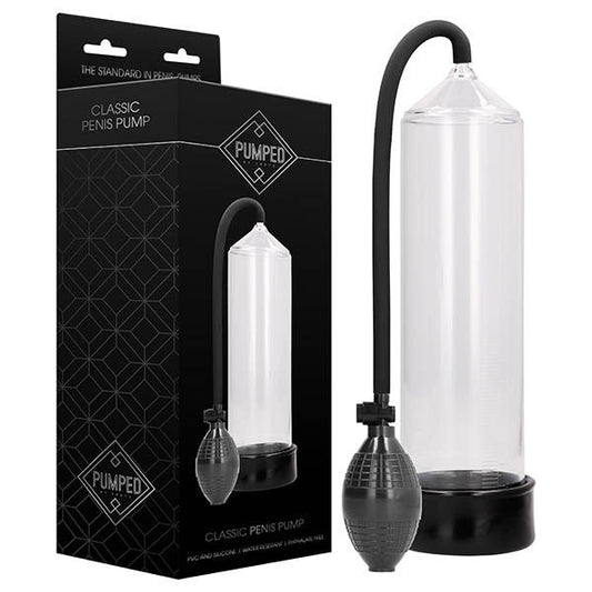 Pumped - classic penis pump - clear, Product front view and box front view | Flirtybay.com.au