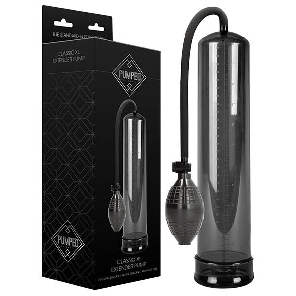 Pumped - classic xl extender penis pump - Product front view and box front view | Flirtybay.com.au