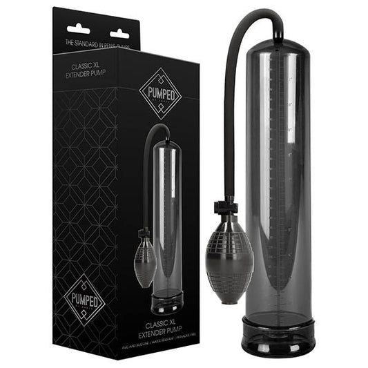 Pumped - classic xl extender penis pump - Product front view and box front view | Flirtybay.com.au