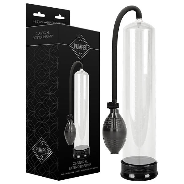 Pumped - classic xl extender penis pump - clear, Product front view and box front view | Flirtybay.com.au