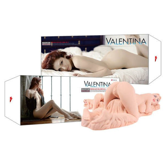 Front view of the Kokos Real Sex Doll Valentina, showcasing the doll’s realistic facial features, lifelike skin texture, and natural pose, displayed with the packaging on a clean white background | Flirty Bay adult store Perth