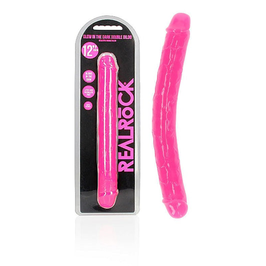 Realcock - 11.8 cm double dong glow - Pink, Product front view and box front view | Flirtybay.com.au