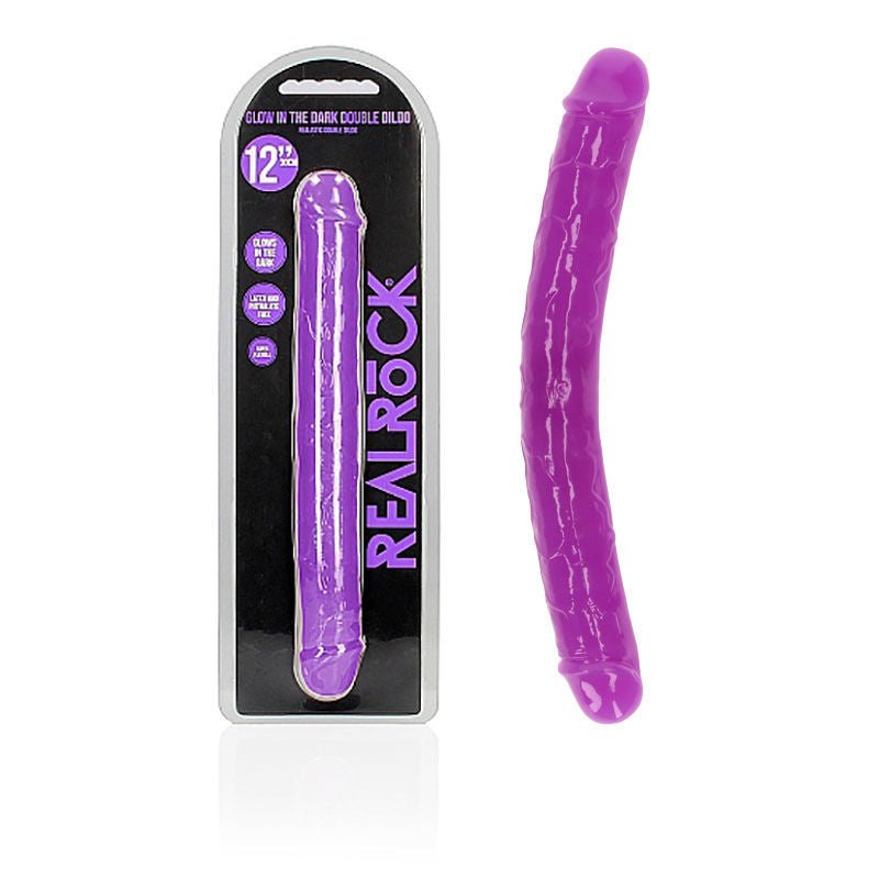 Realcock - 11.8 cm double dong glow - Purple, Product front view and box front view | Flirtybay.com.au