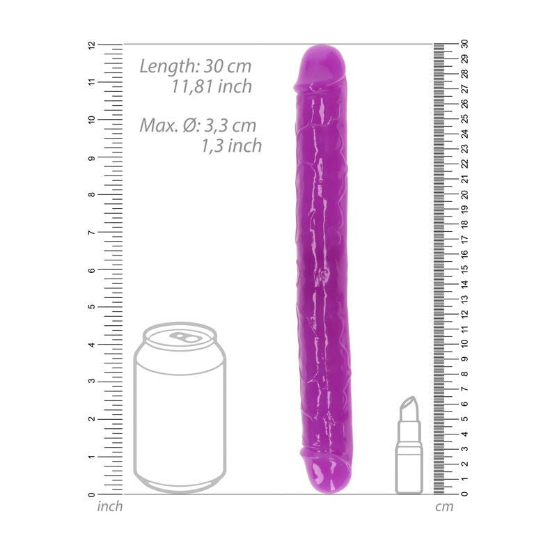 Realcock - 11.8 cm double dong glow - Purple, Product front view, with sizes  | Flirtybay.com.au