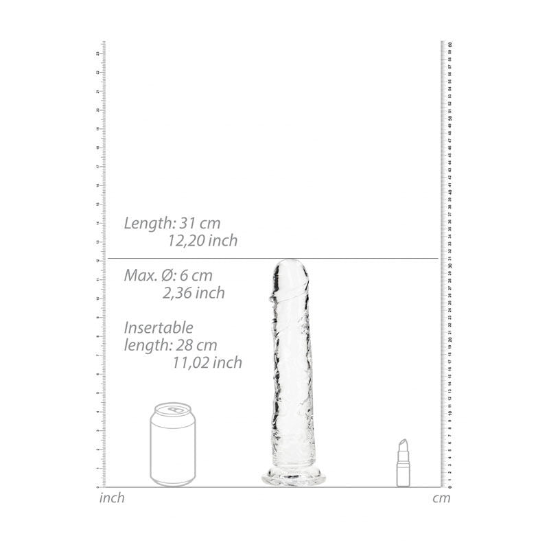 Realcock - 12.2" straight dildo - clear, Product front view, with sizes  | Flirtybay.com.au