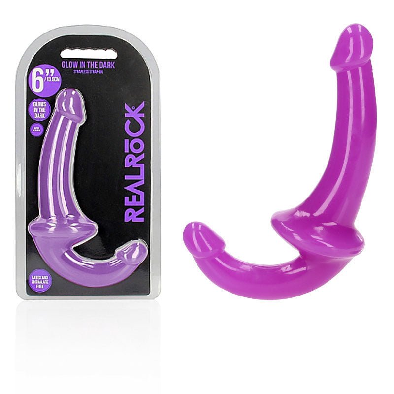 Realcock - 13.5 cm strapless strap-on glow in the dark - Purple, Product front view and box front view | Flirtybay.com.au