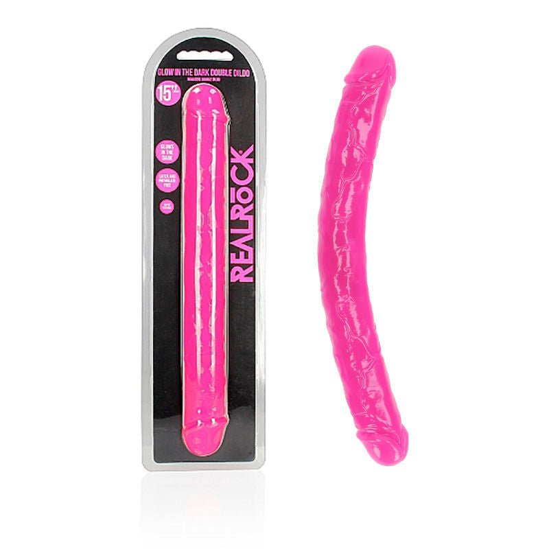 Realcock - 14.9" double dong glow - Pink, Product front view and box front view | Flirtybay.com.au