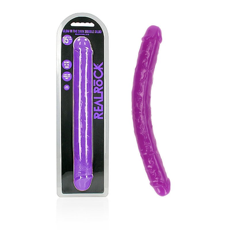 Realcock - 14.9" double dong glow - purple, Product front view and box front view | Flirtybay.com.au