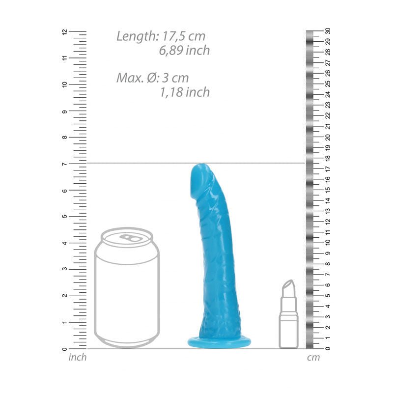 Realcock - 15.5 cm glow in the dark dildo - blue, Product front view, with sizes  | Flirtybay.com.au