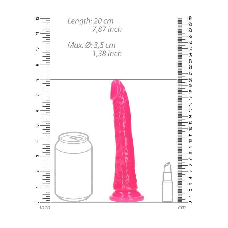 Realcock - 18 cm slim glow in the dark didlo - Pink, Product front view, with sizes  | Flirtybay.com.au