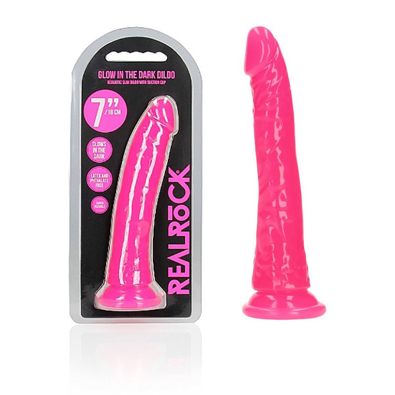 Realcock - 18 cm slim glow in the dark didlo - pink, Product front view and box front view | Flirtybay.com.au