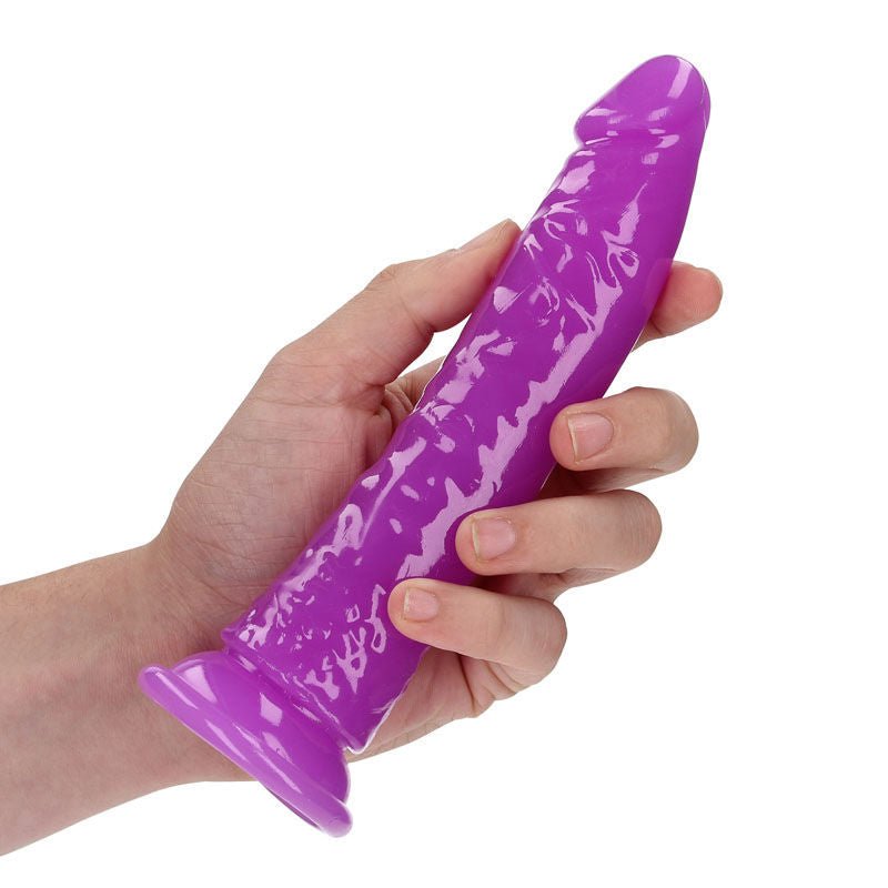 Realcock - 18 cm slim glow in the dark didlo - purple, Product side view  | Flirtybay.com.au