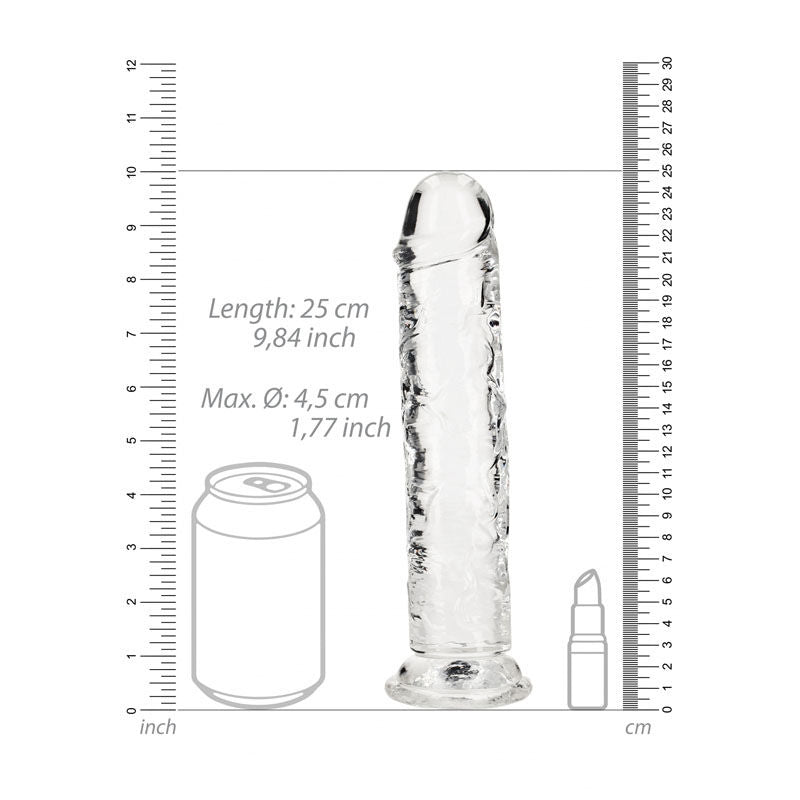 Realcock -  25 cm straight dildo - clear, Product front view, with sizes  | Flirtybay.com.au