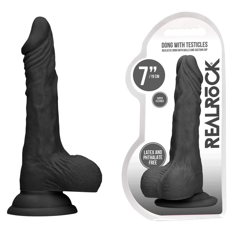 Realcock - 7'' realistic dildo with balls - black, Product front view and box front view | Flirtybay.com.au