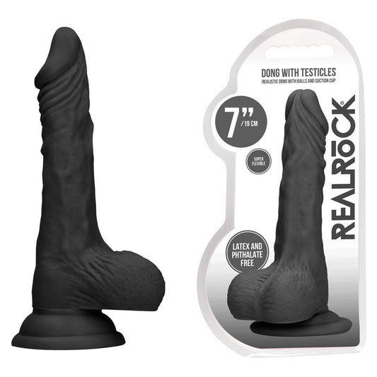 Realcock - 7'' realistic dildo with balls - black, Product front view and box front view | Flirtybay.com.au