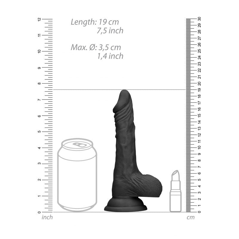 Realcock - 7'' realistic dildo with balls - black, Product front view, with sizes  | Flirtybay.com.au