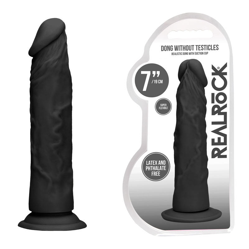 Realcock - 7'' realistic dildo - black, Product front view and box front view | Flirtybay.com.au