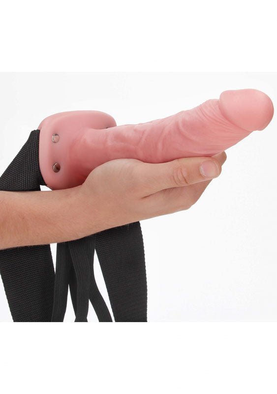 Realcock - 8" hollow strap-on - Flesh, Product side view, in a hand for sizes  | Flirtybay.com.au