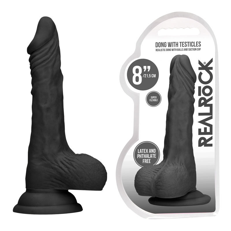 Realcock - 8'' realistic dildo with balls - black, Product front view and box front view | Flirtybay.com.au